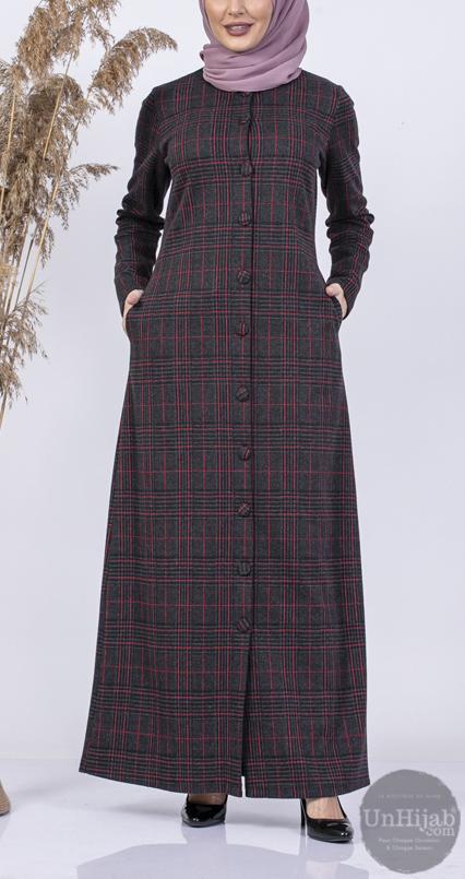 Abaya boutonnée à carreaux Bordeaux