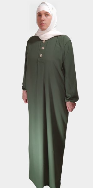 Abaya Longue boutonnée en soie de médine Kaki